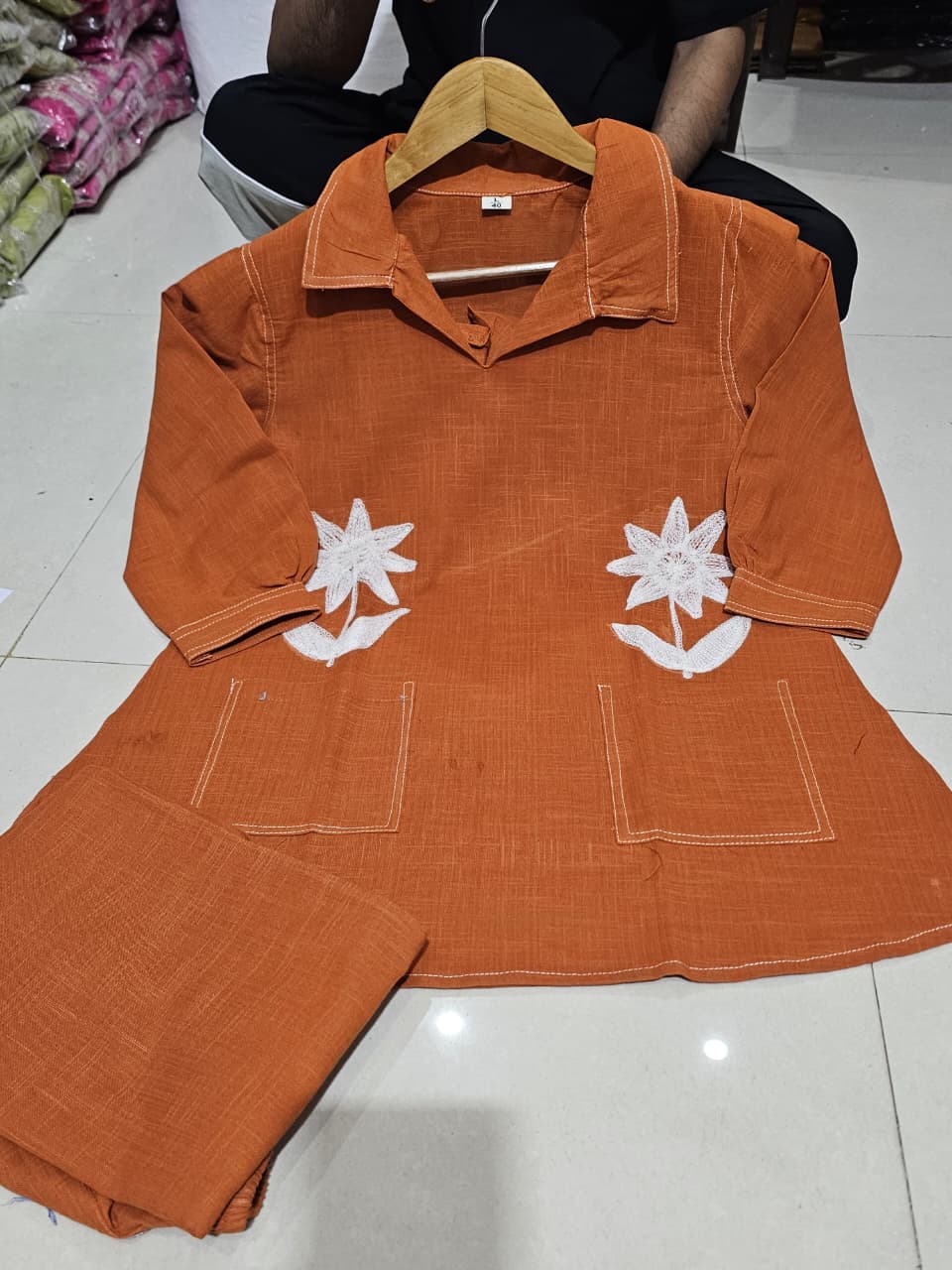 Women’s Rust Orange Floral Embroidered Cotton Co-Ord Set