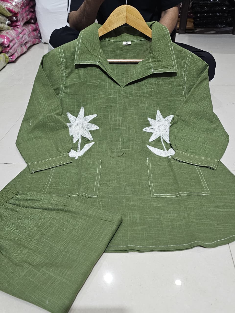 Women’s Bottle Green Floral Embroidered Cotton Co-Ord Set