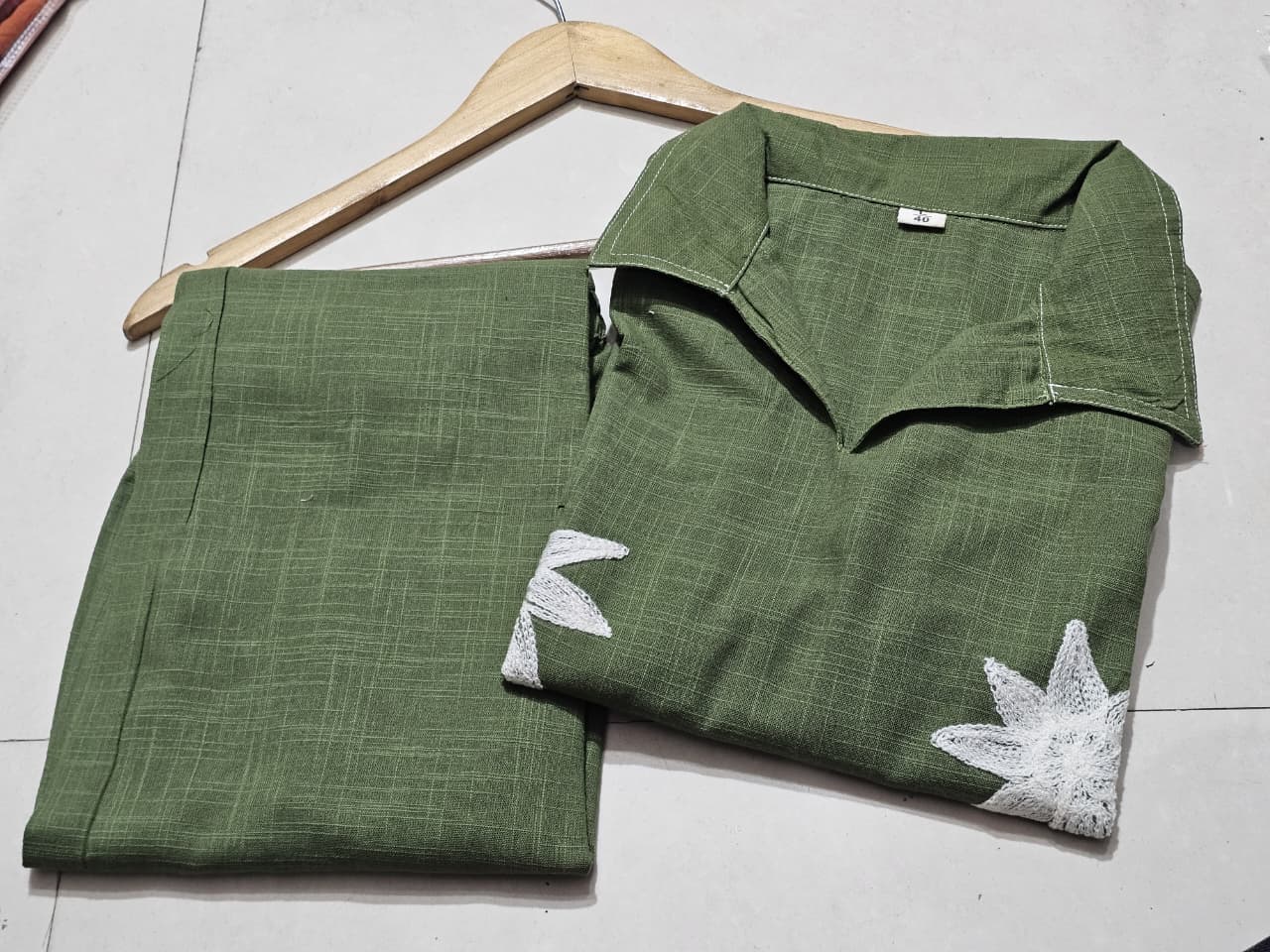 Women’s Bottle Green Floral Embroidered Cotton Co-Ord Set