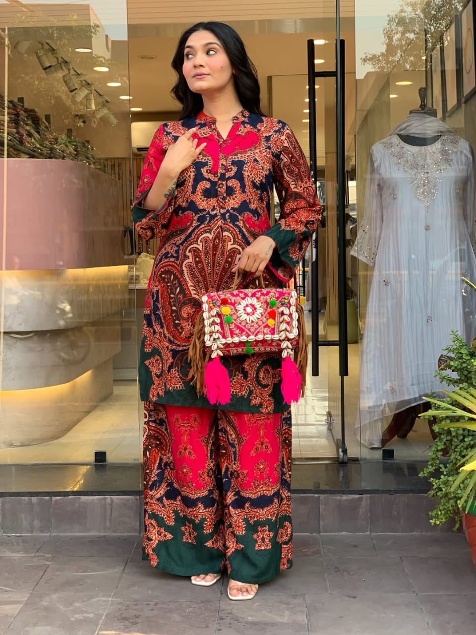 Women’s Red Paisley Print Kurta Palazzo Co-ord Set