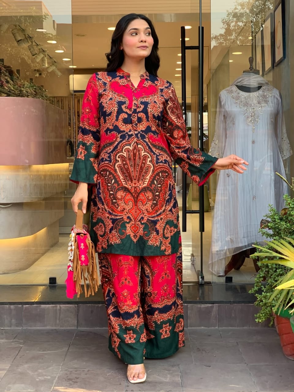Women’s Red Paisley Print Kurta Palazzo Co-ord Set