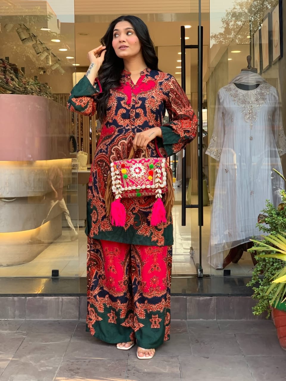 Women’s Red Paisley Print Kurta Palazzo Co-ord Set