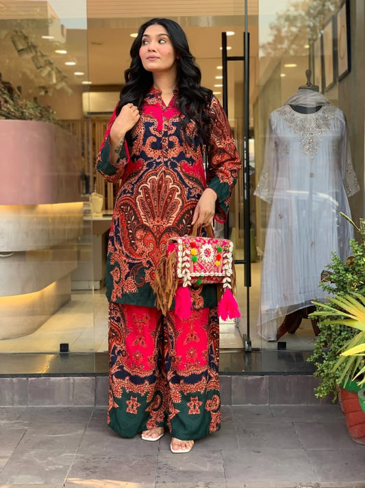 Women’s Red Paisley Print Kurta Palazzo Co-ord Set