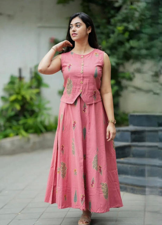 Rose Pink Printed Sleeveless Anarkali Kurta Set