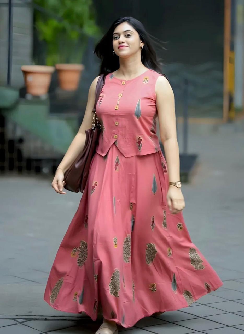 Rose Pink Printed Sleeveless Anarkali Kurta Set