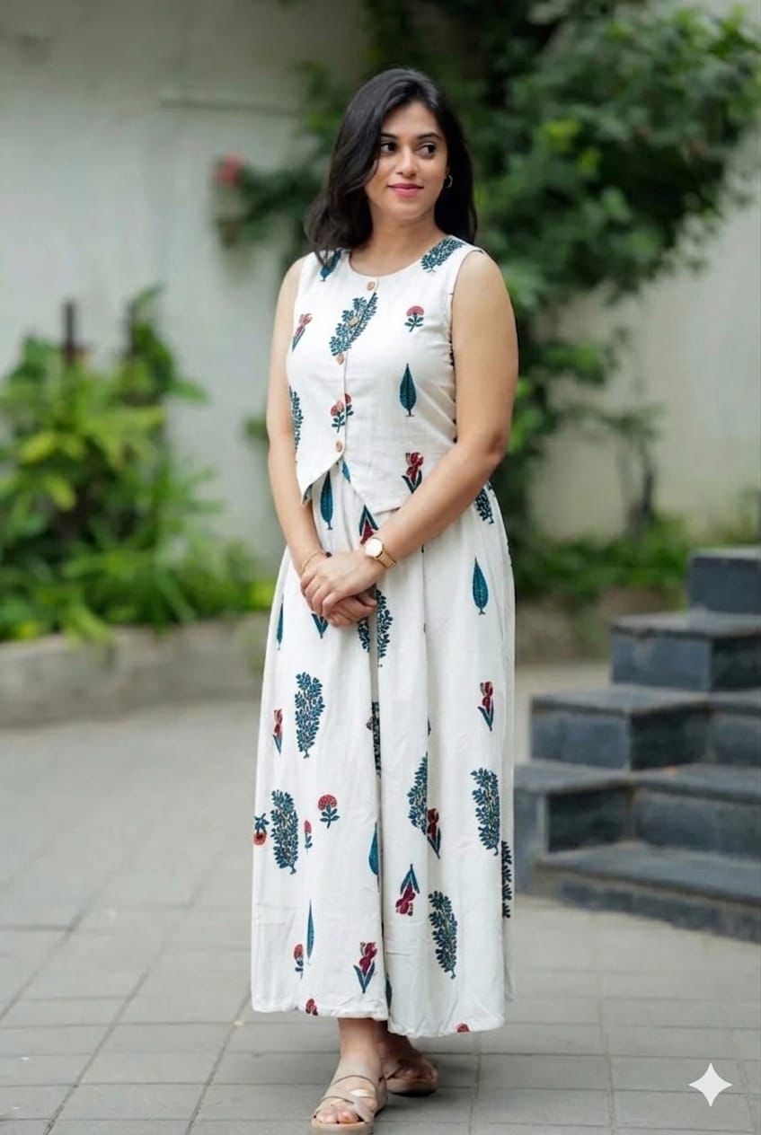 White Printed Sleeveless Anarkali Kurta