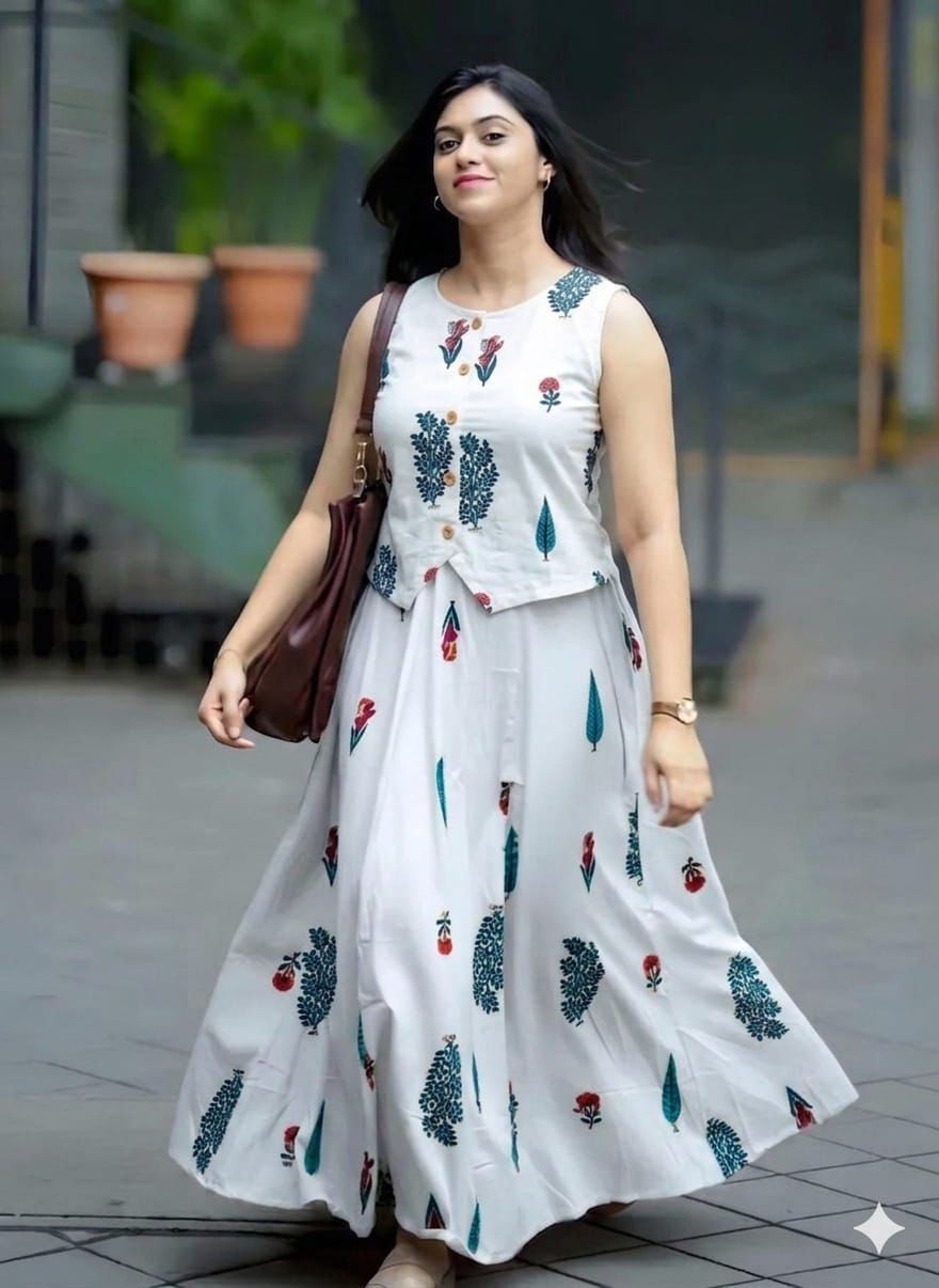 White Printed Sleeveless Anarkali Kurta