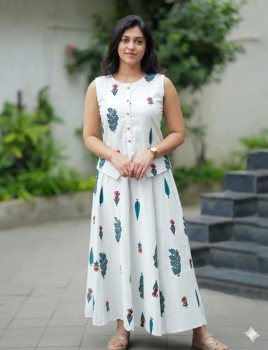 White Printed Sleeveless Anarkali Kurta