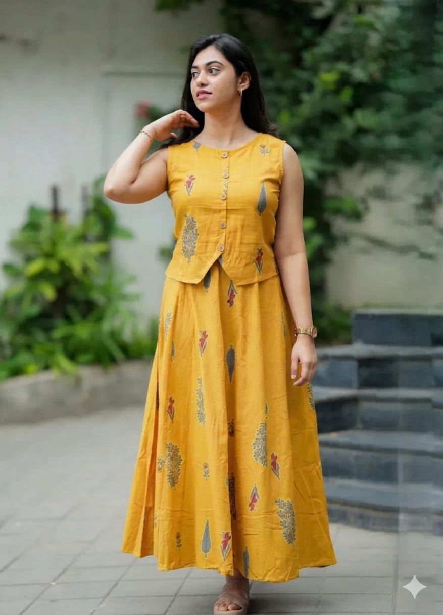 Mustard Yellow Printed Sleeveless Anarkali Kurta