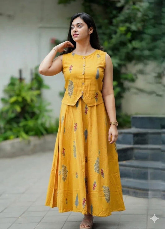Mustard Yellow Printed Sleeveless Anarkali Kurta