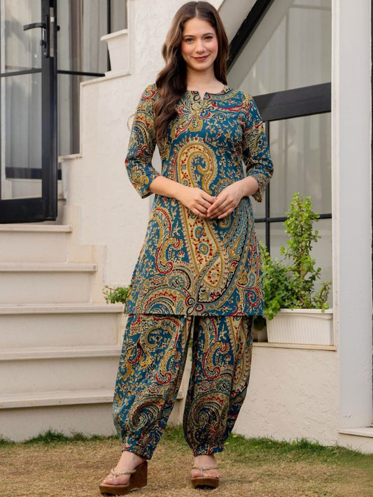 Teal Paisley Printed Cotton Co-Ord Set