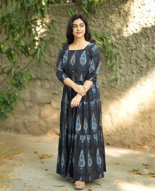 Black Paisley Printed Cotton Maxi Dress