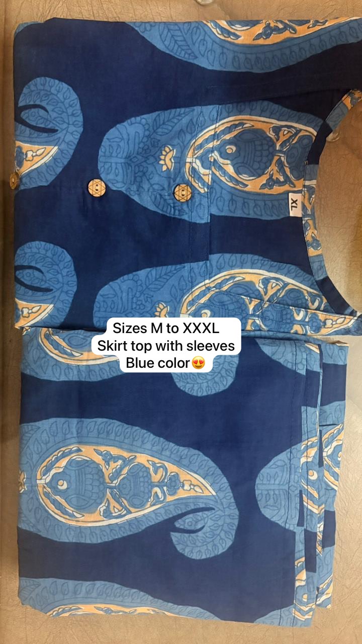 Blue Printed Cotton Anarkali Dress