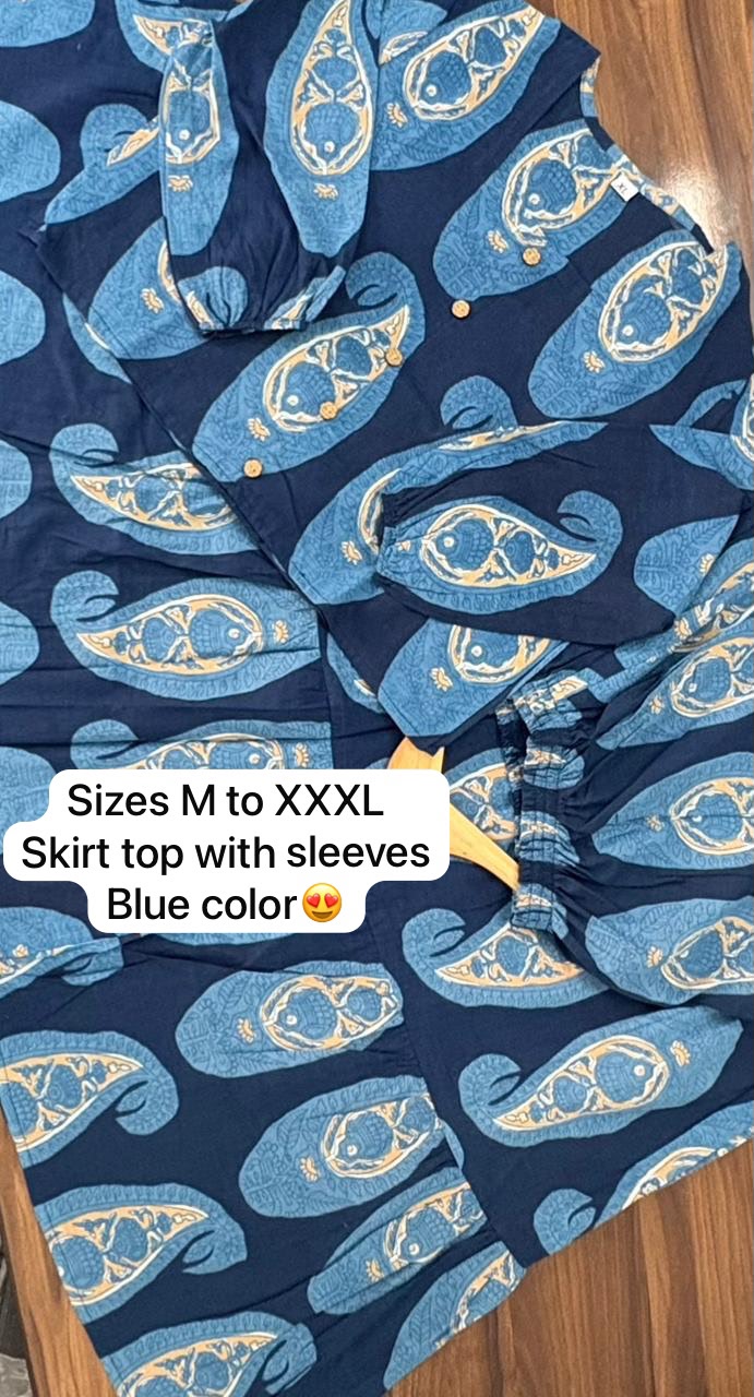 Blue Printed Cotton Anarkali Dress