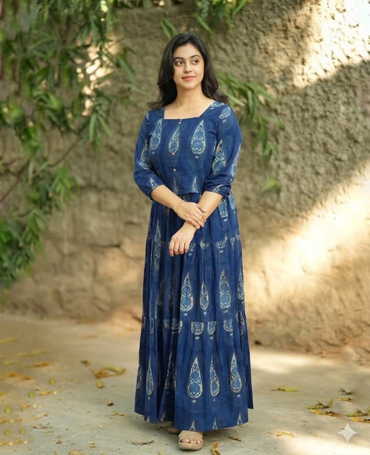 Blue Printed Cotton Anarkali Dress
