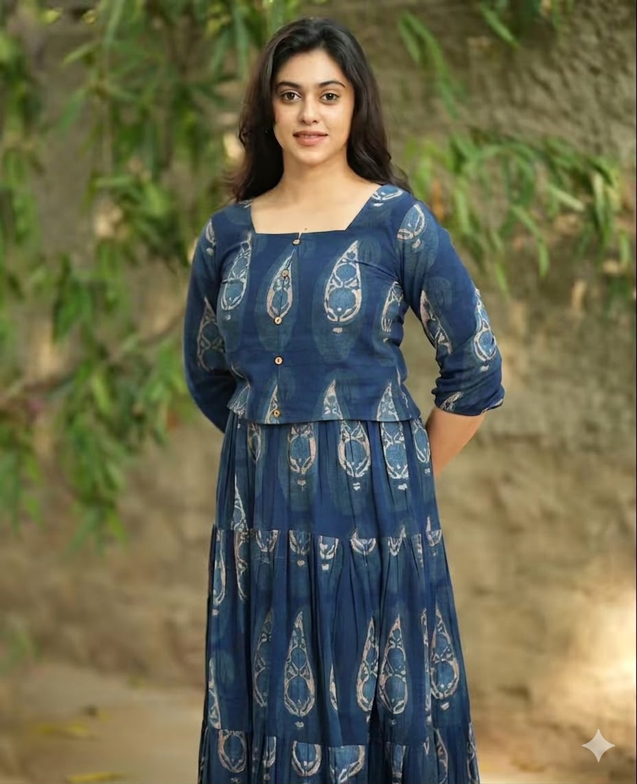 Blue Printed Cotton Anarkali Dress