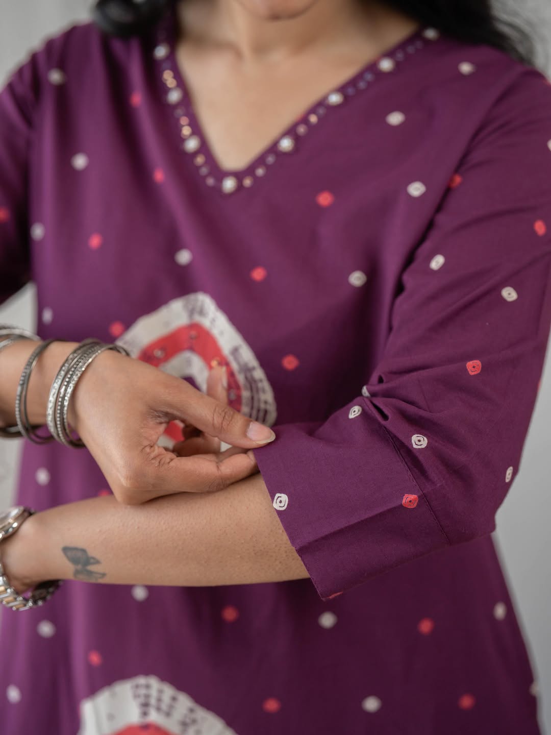 Wine Bandhani Print Cotton Kurta Set