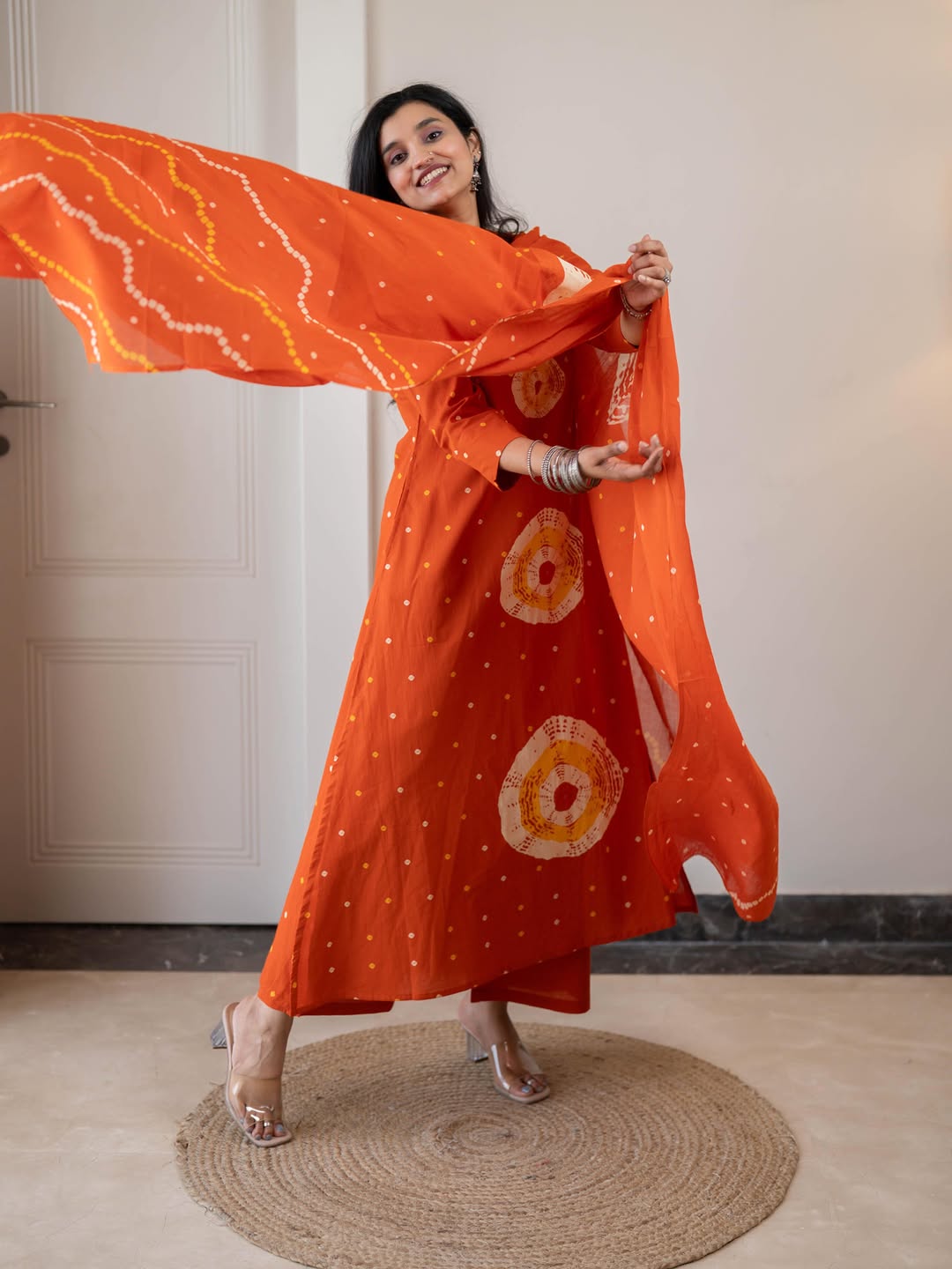 Orange Bandhani Print Kurta Set with Dupatta