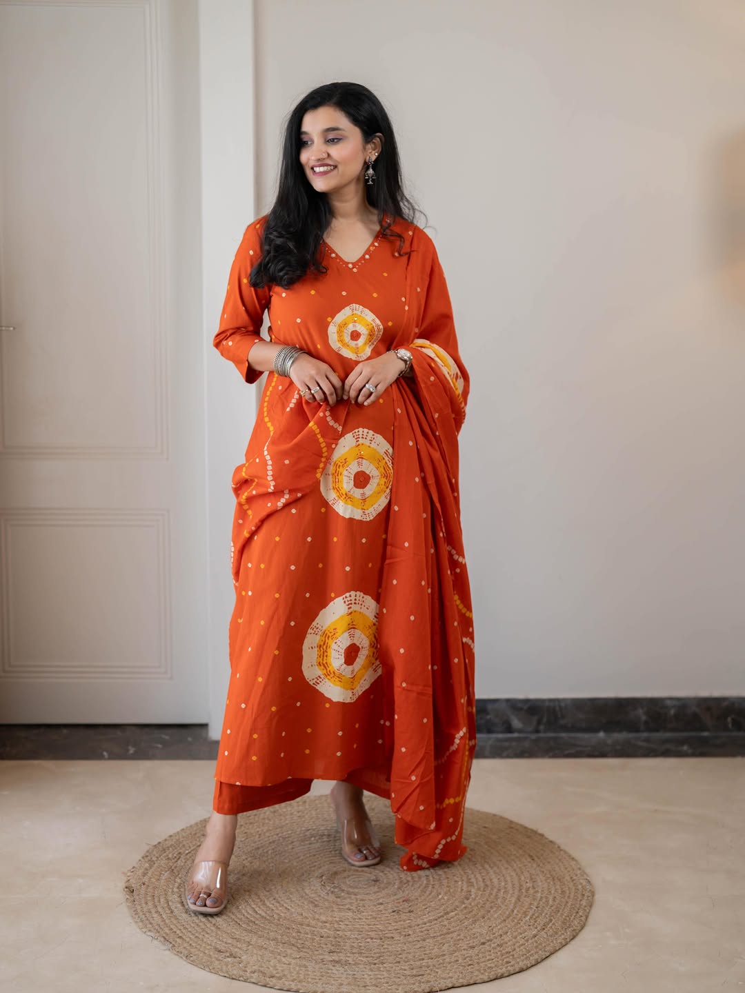 Orange Bandhani Print Kurta Set with Dupatta