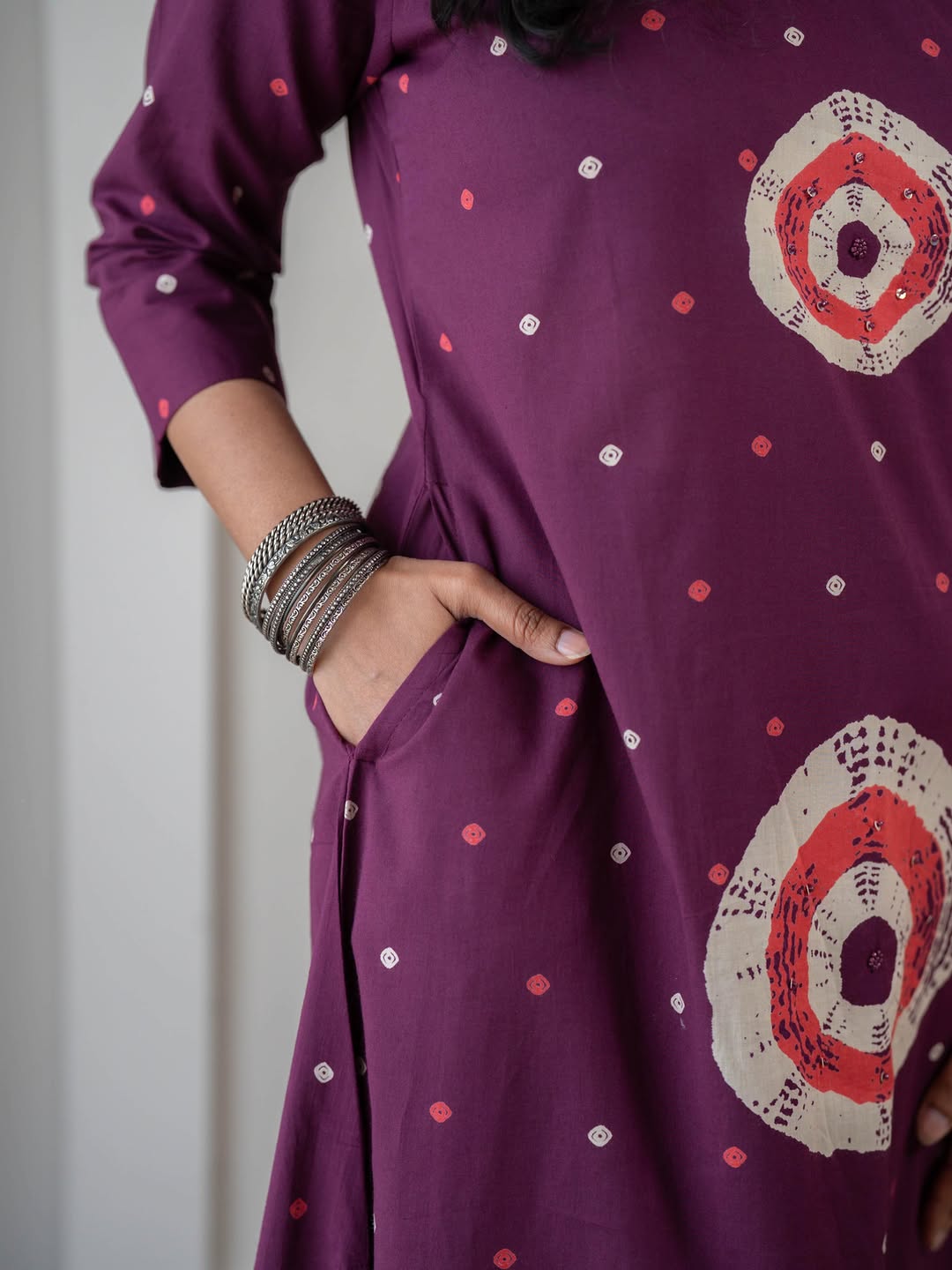Wine Bandhani Print Cotton Kurta Set