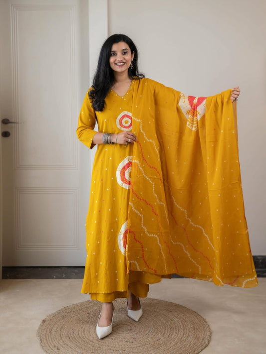 Mustard Bandhani Print Kurta Set with Dupatta