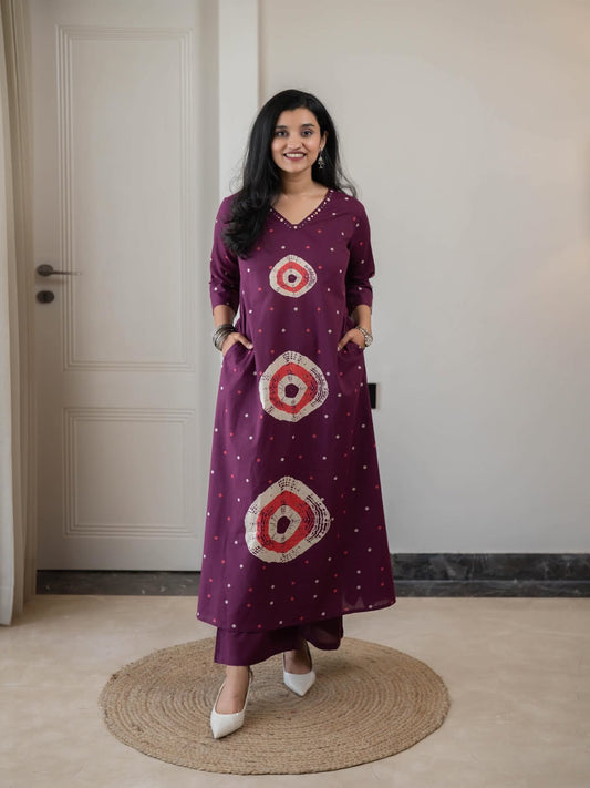 Wine Bandhani Print Cotton Kurta Set