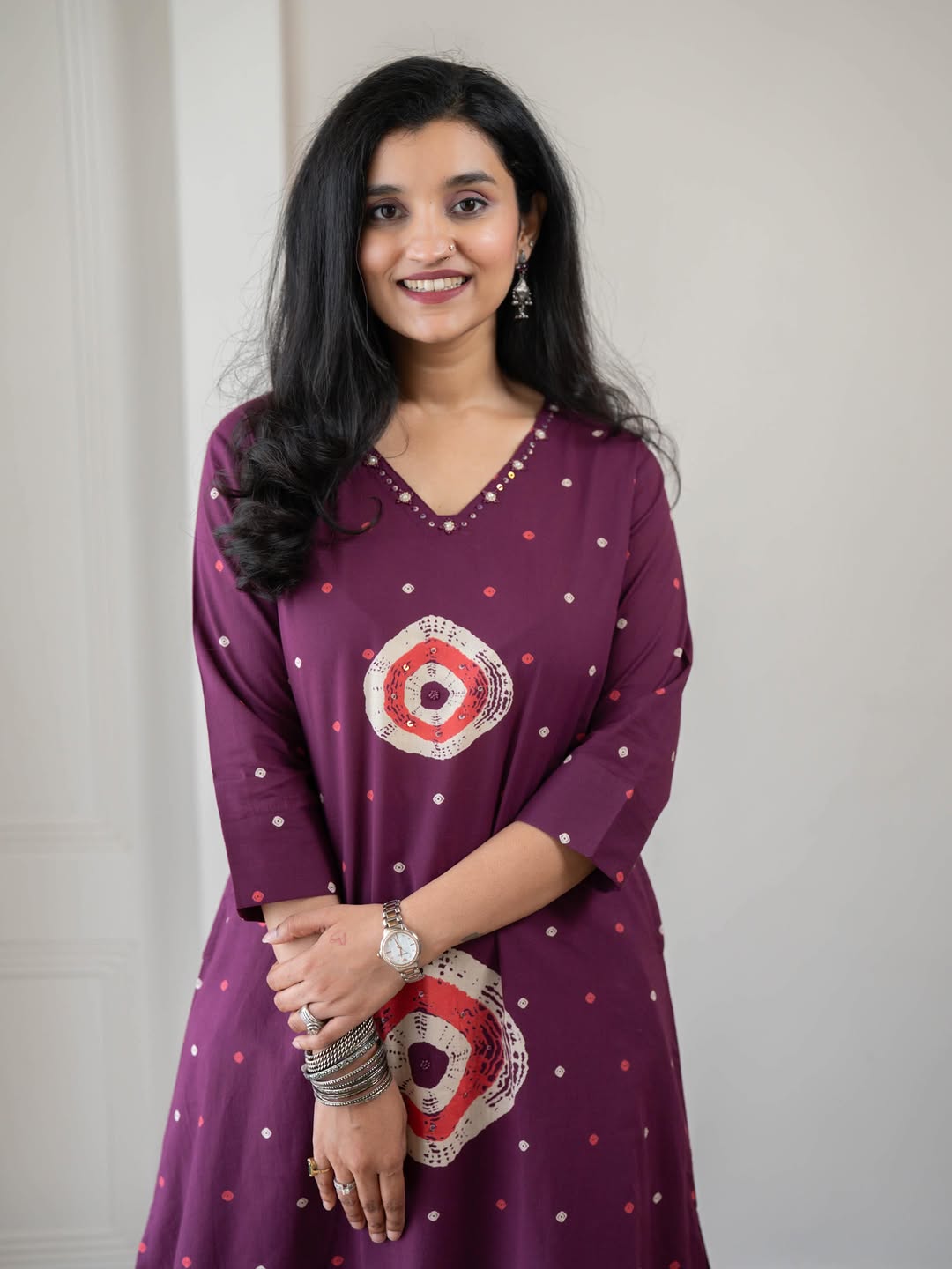Wine Bandhani Print Cotton Kurta Set