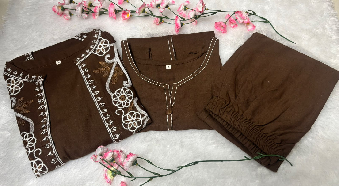 Mocha Brown Floral Embroidered Jacket Set