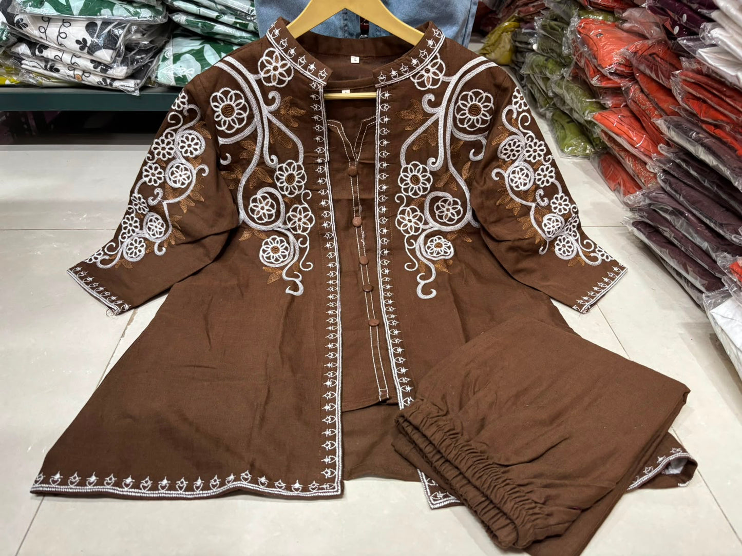 Mocha Brown Floral Embroidered Jacket Set