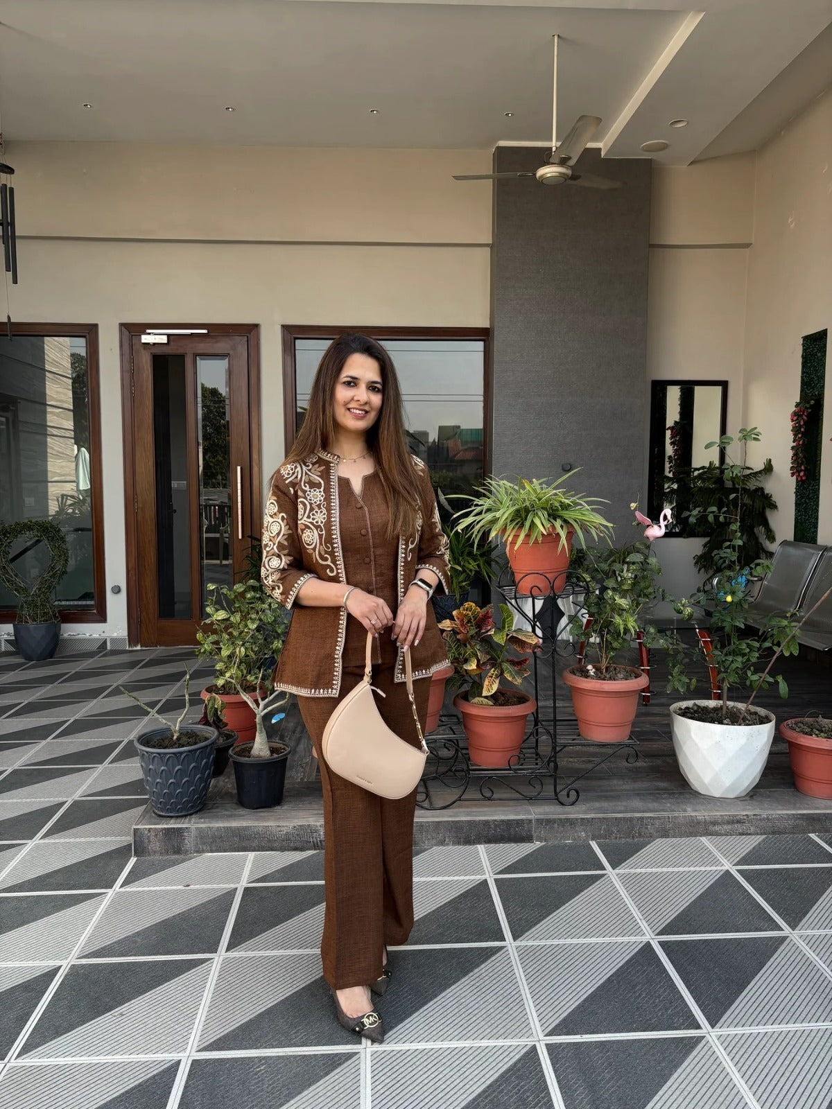 Mocha Brown Floral Embroidered Jacket Set