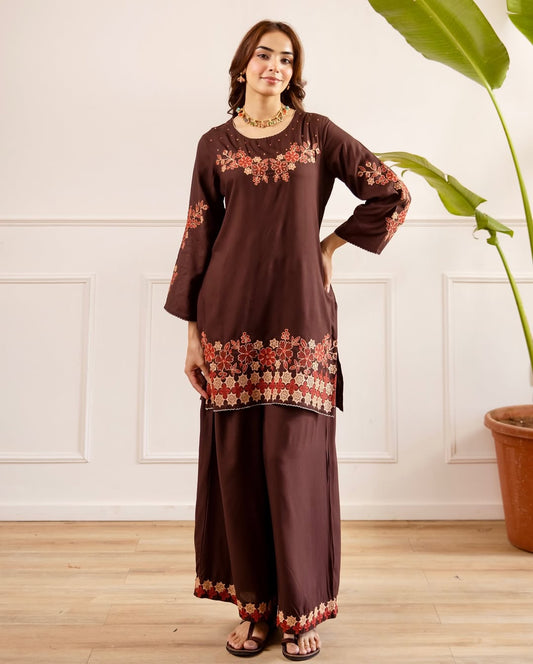 Chocolate Brown Floral Embroidered Kurta Palazzo Set