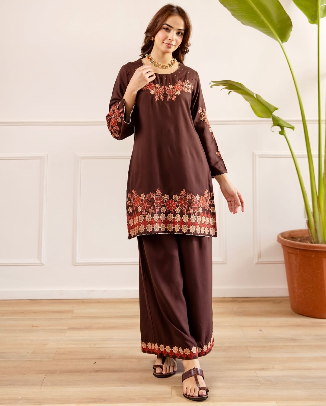 Chocolate Brown Floral Embroidered Kurta Palazzo Set