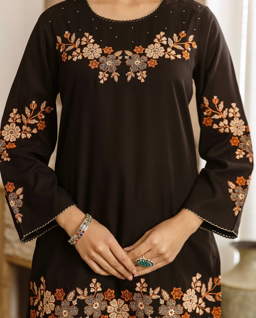 Black Floral Embroidered Kurta Palazzo Set