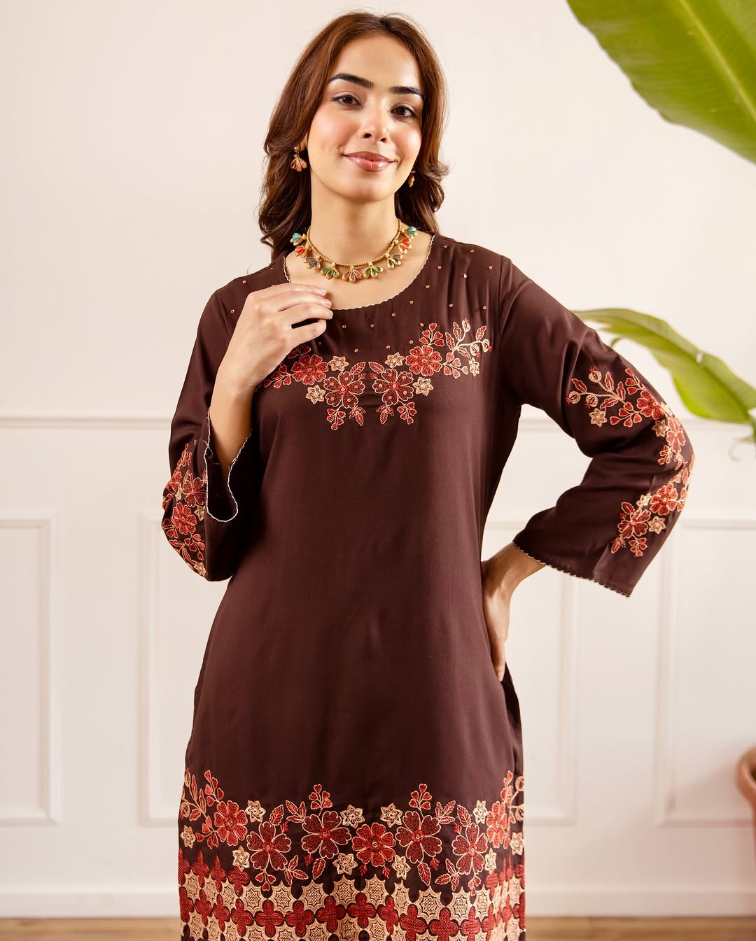 Chocolate Brown Floral Embroidered Kurta Palazzo Set