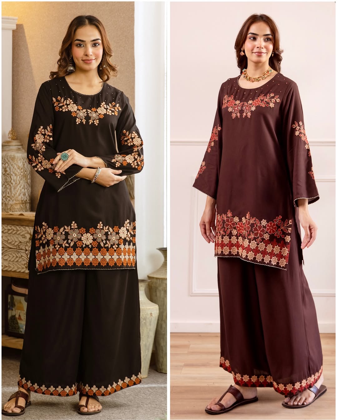 Black Floral Embroidered Kurta Palazzo Set