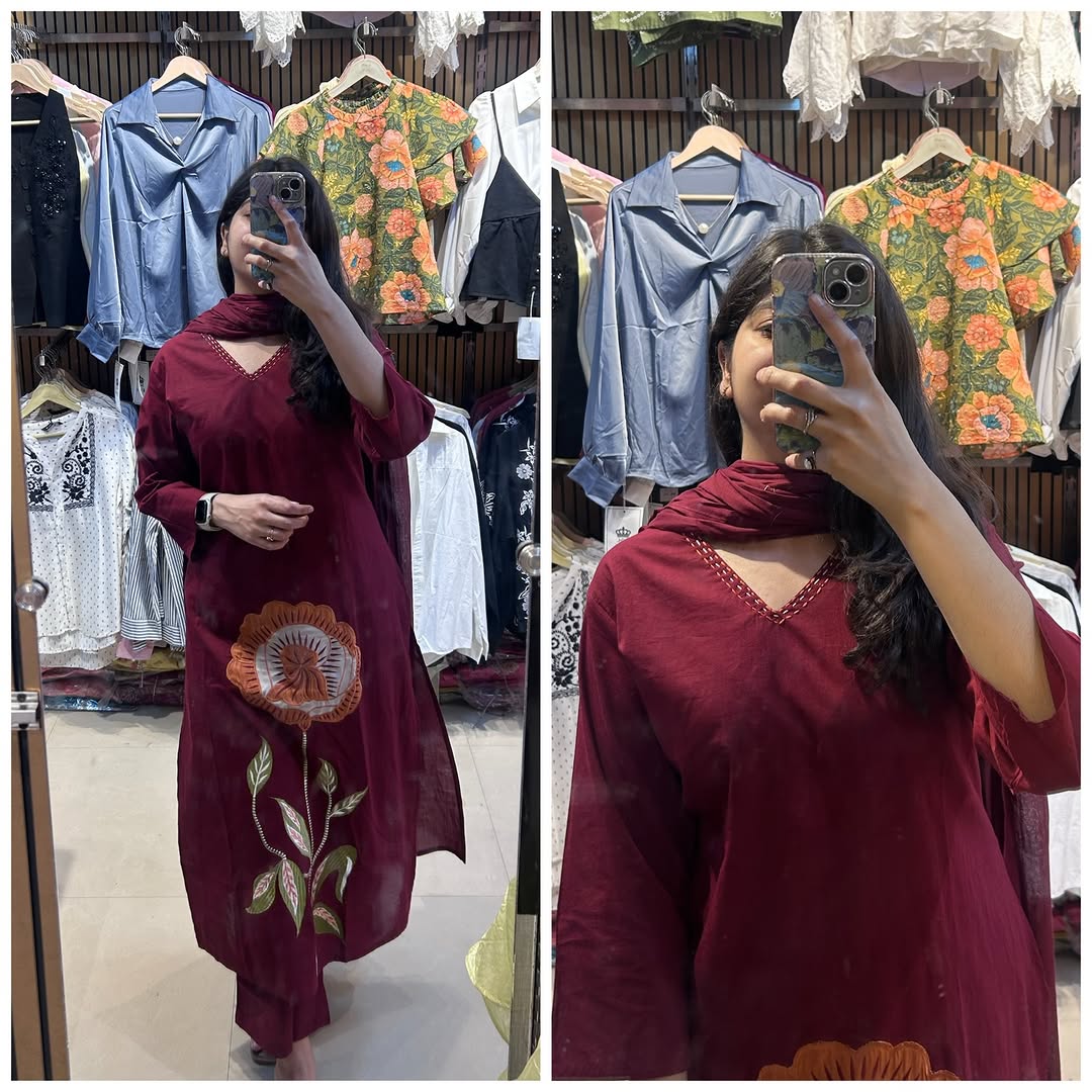 Wine Bloom Embroidered Kurta Set