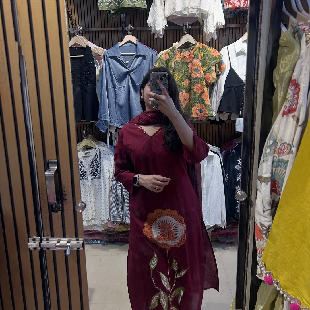 Wine Bloom Embroidered Kurta Set