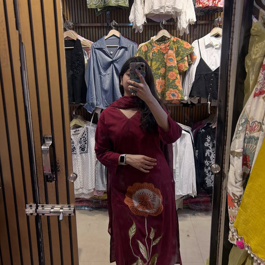 Wine Bloom Embroidered Kurta Set