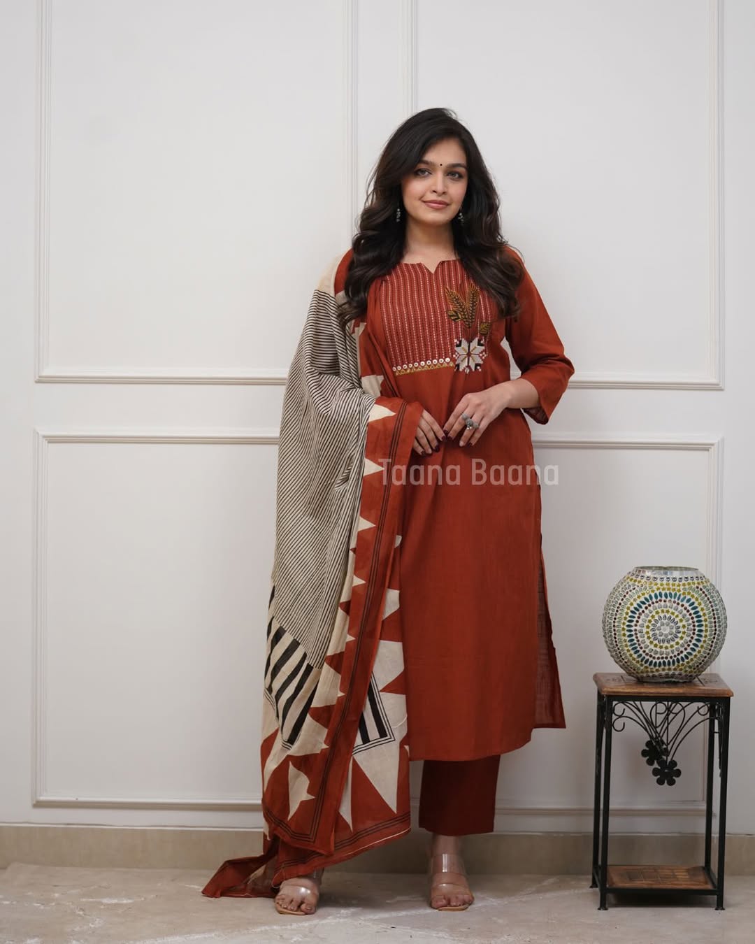 Rust Red Embroidered Kurta Set with Dupatta