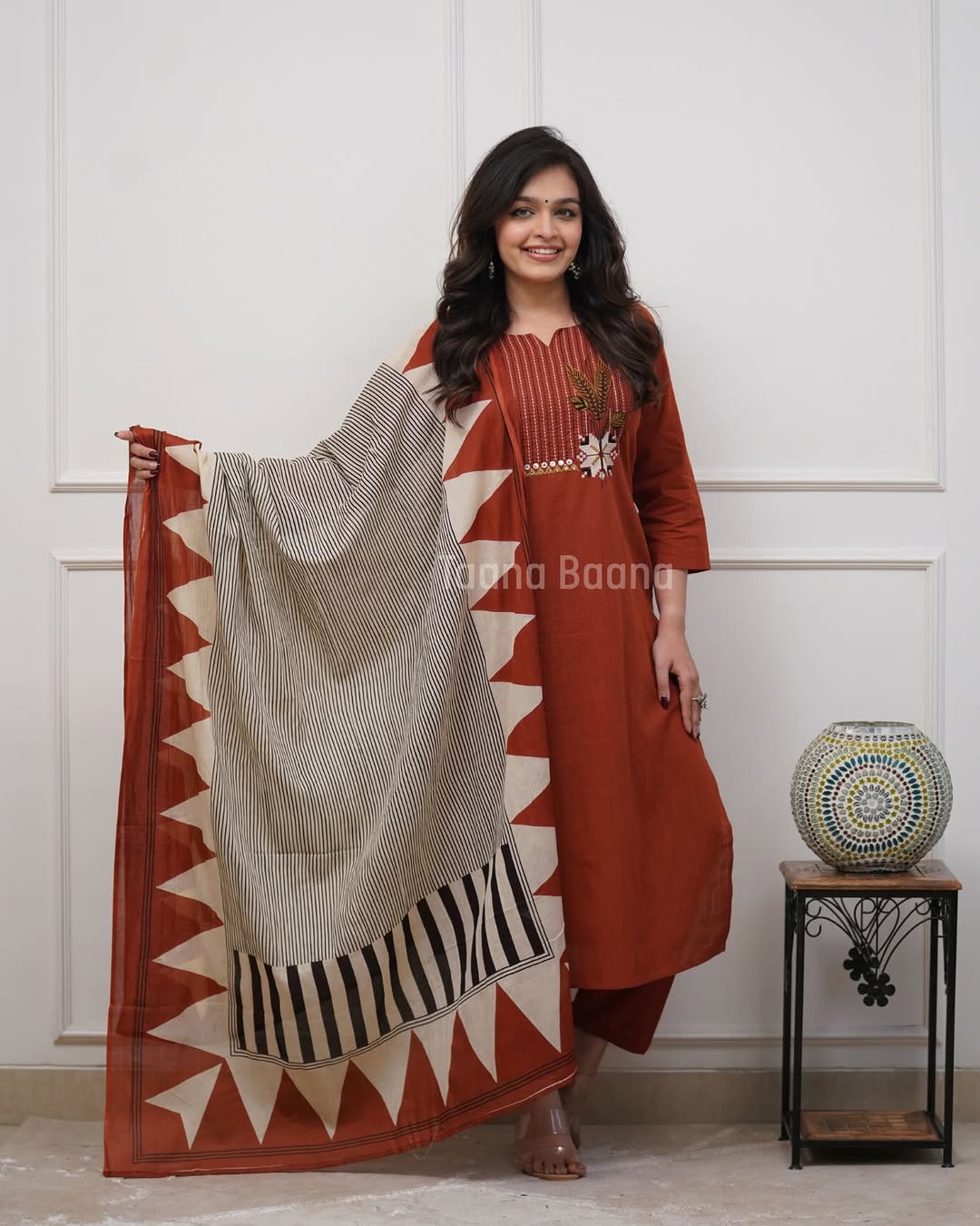 Rust Red Embroidered Kurta Set with Dupatta