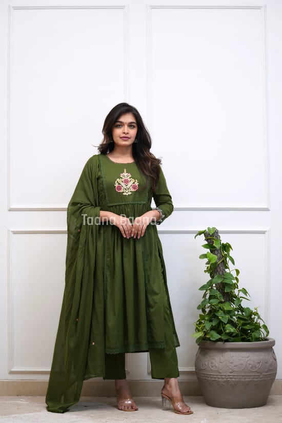 Green Floral Embroidered Anarkali Set
