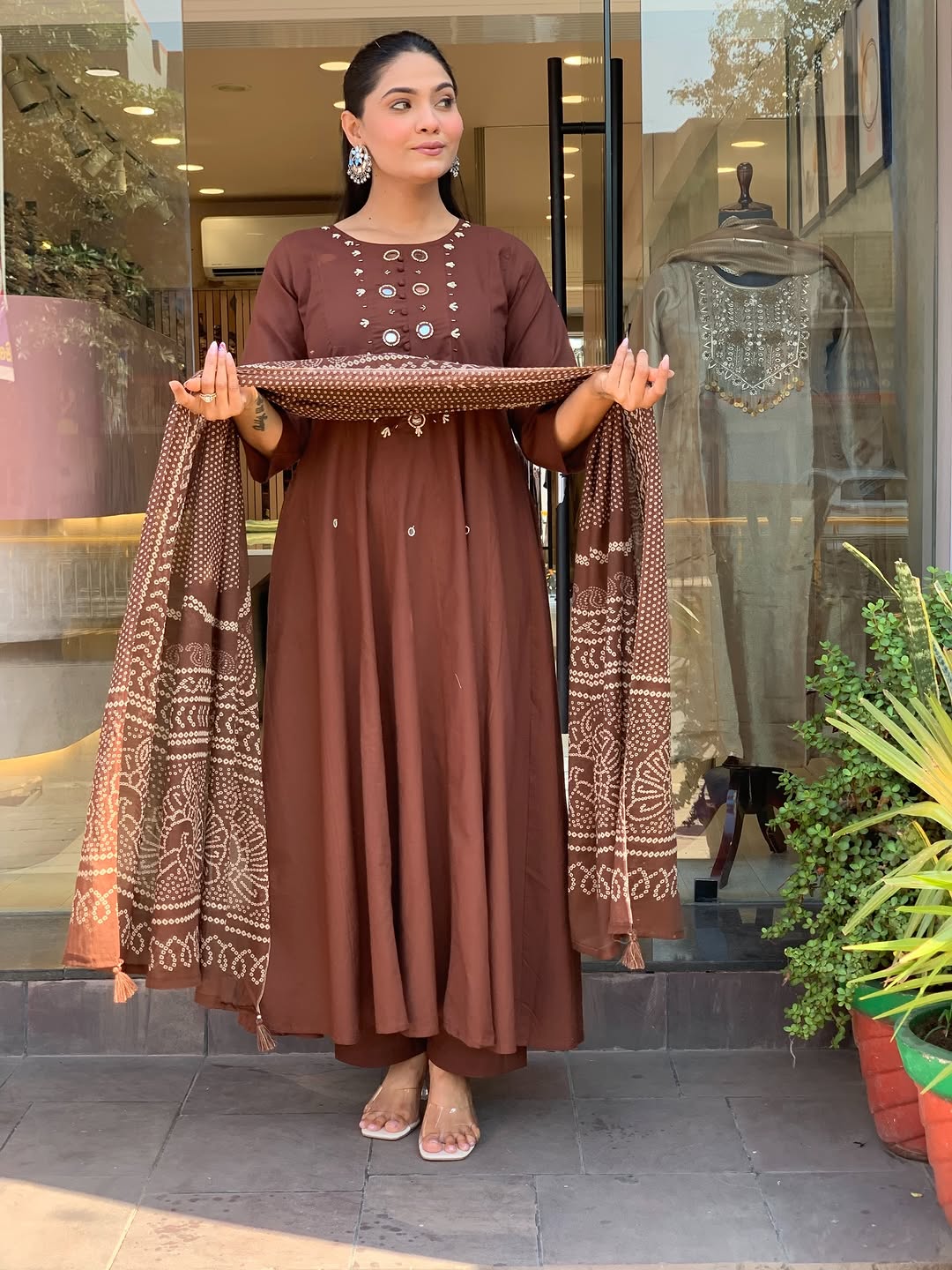 Mocha Brown Bandhani Anarkali Suit Set