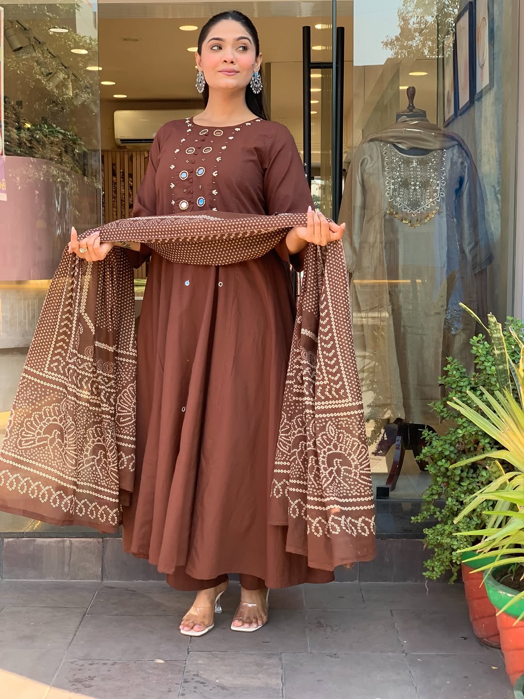 Mocha Brown Bandhani Anarkali Suit Set