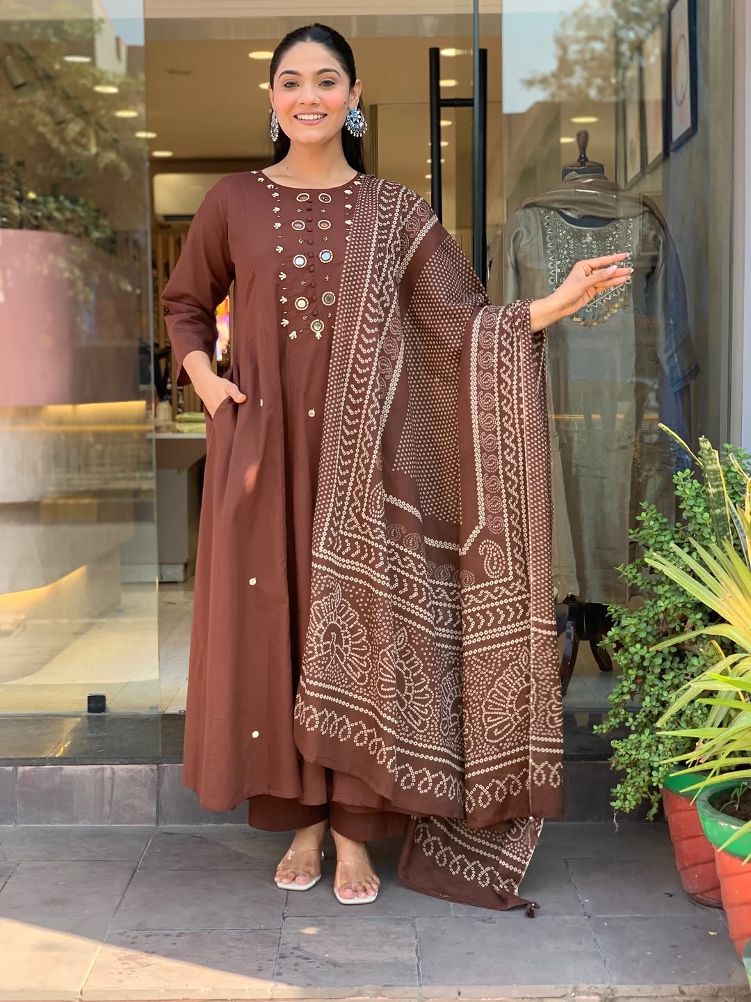 Mocha Brown Bandhani Anarkali Suit Set