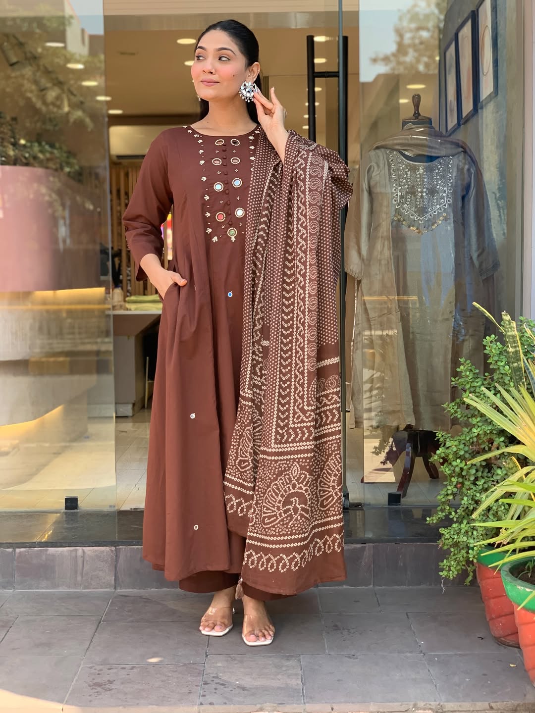 Mocha Brown Bandhani Anarkali Suit Set