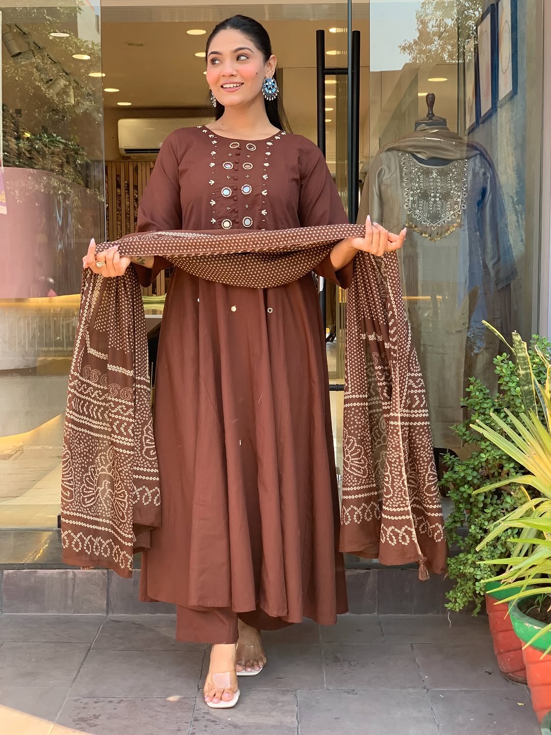Mocha Brown Bandhani Anarkali Suit Set