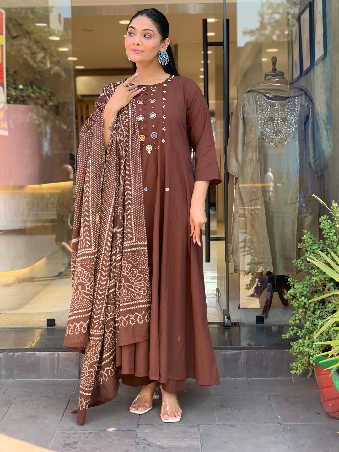 Mocha Brown Bandhani Anarkali Suit Set