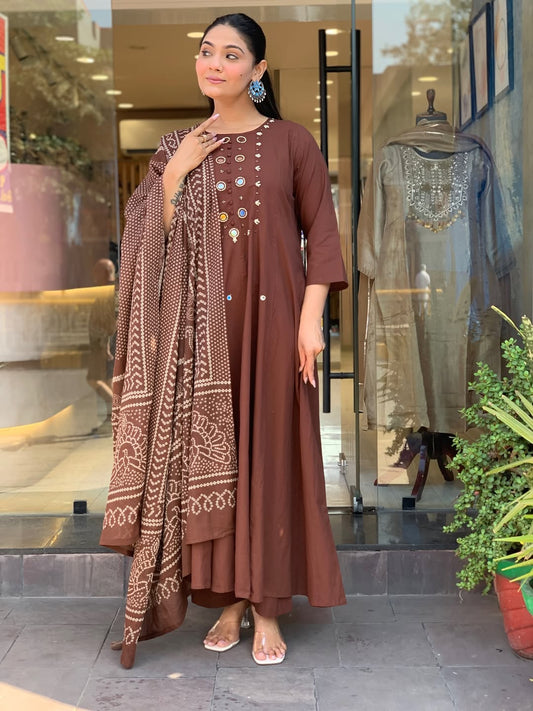 Mocha Brown Bandhani Anarkali Suit Set