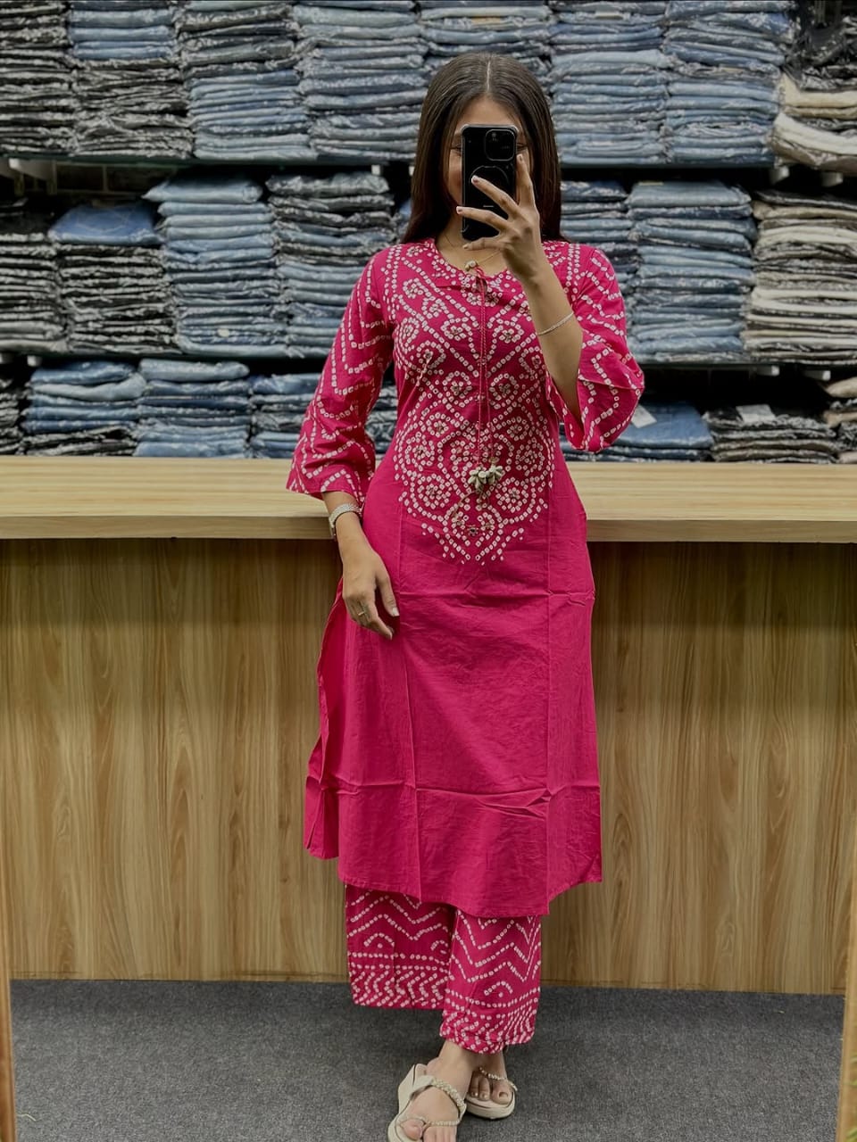 Bandhni Print Applique Codi Work Cotton Suit