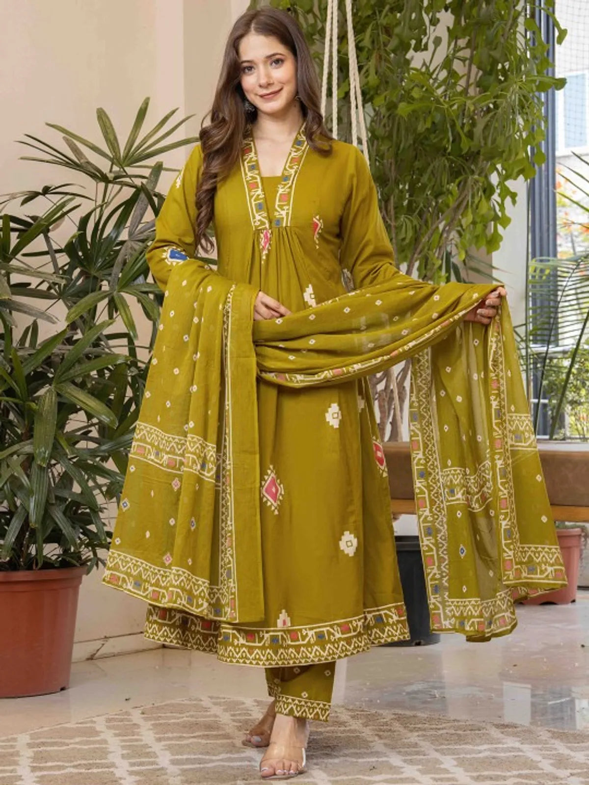 Olive Green Printed Anarkali Kurta Set with Dupatta